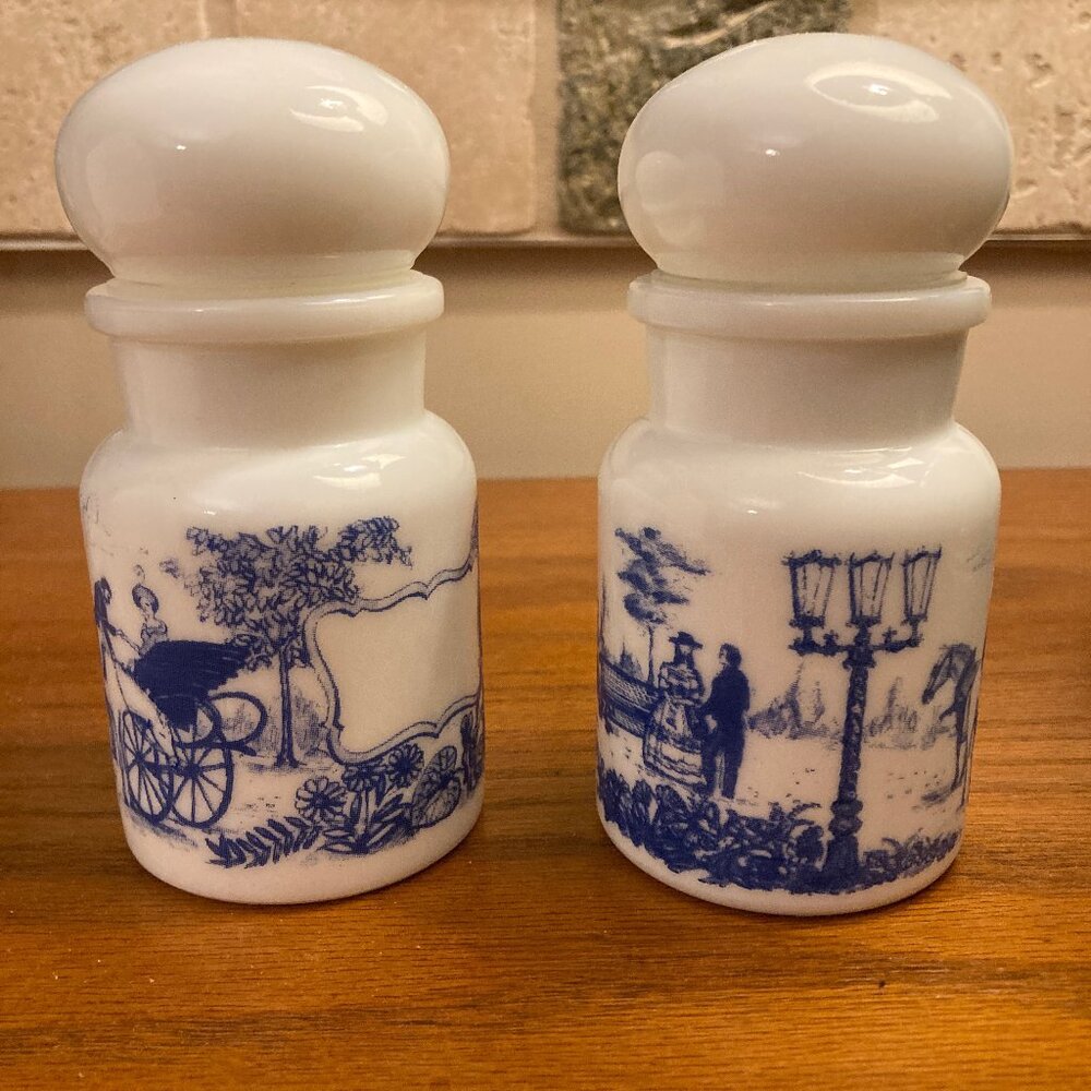 2 Vintage milk glass apothecary jars with bubble lids. Made in Belgium.